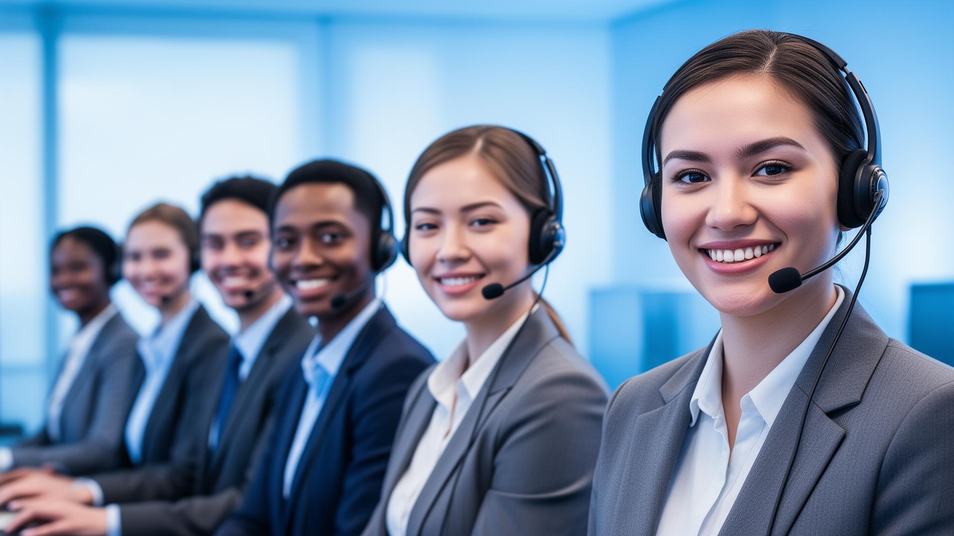 Equipe de atendentes humanos sorrindo, prontos para atender